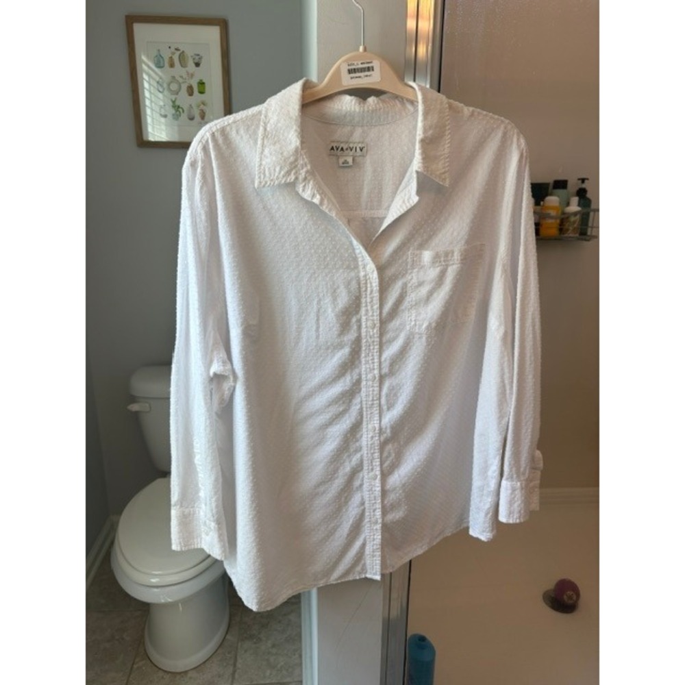 Ava & Viv Women's 3X White Swiss Dot Button Down Shirt Cotton Plus Size